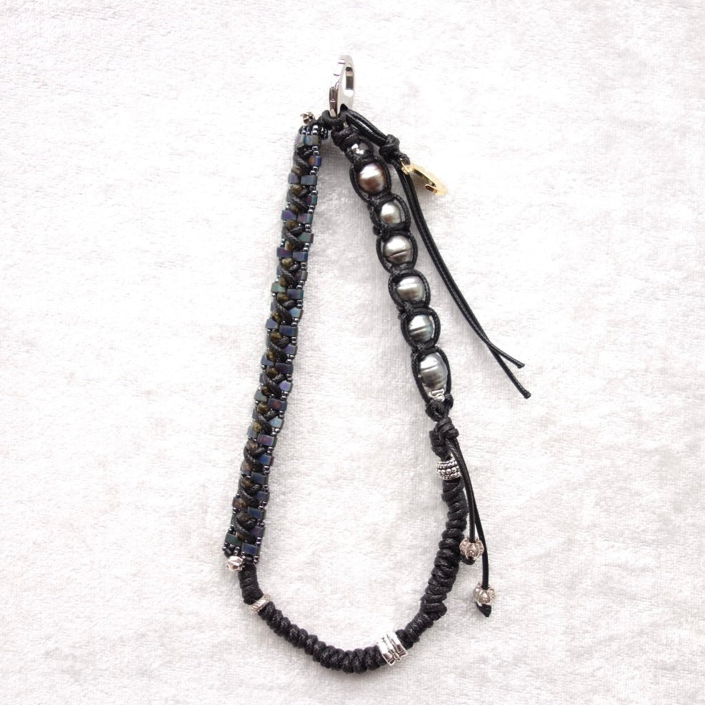 Black Woven Phone Strap with Tahitian Pearl - 5610 LUNATIC