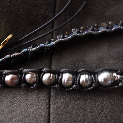 Black Woven Phone Strap with Tahitian Pearl - 5610 LUNATIC