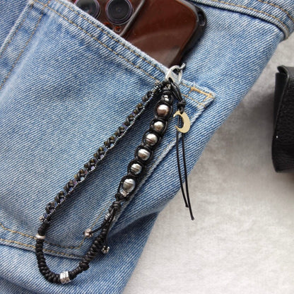 Black Woven Phone Strap with Tahitian Pearl - 5610 LUNATIC