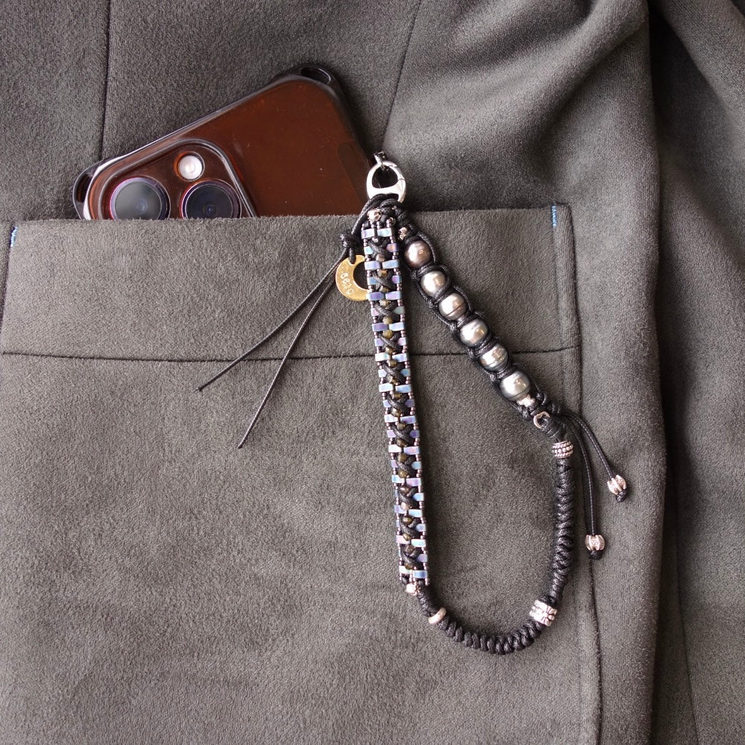 Black Woven Phone Strap with Tahitian Pearl - 5610 LUNATIC