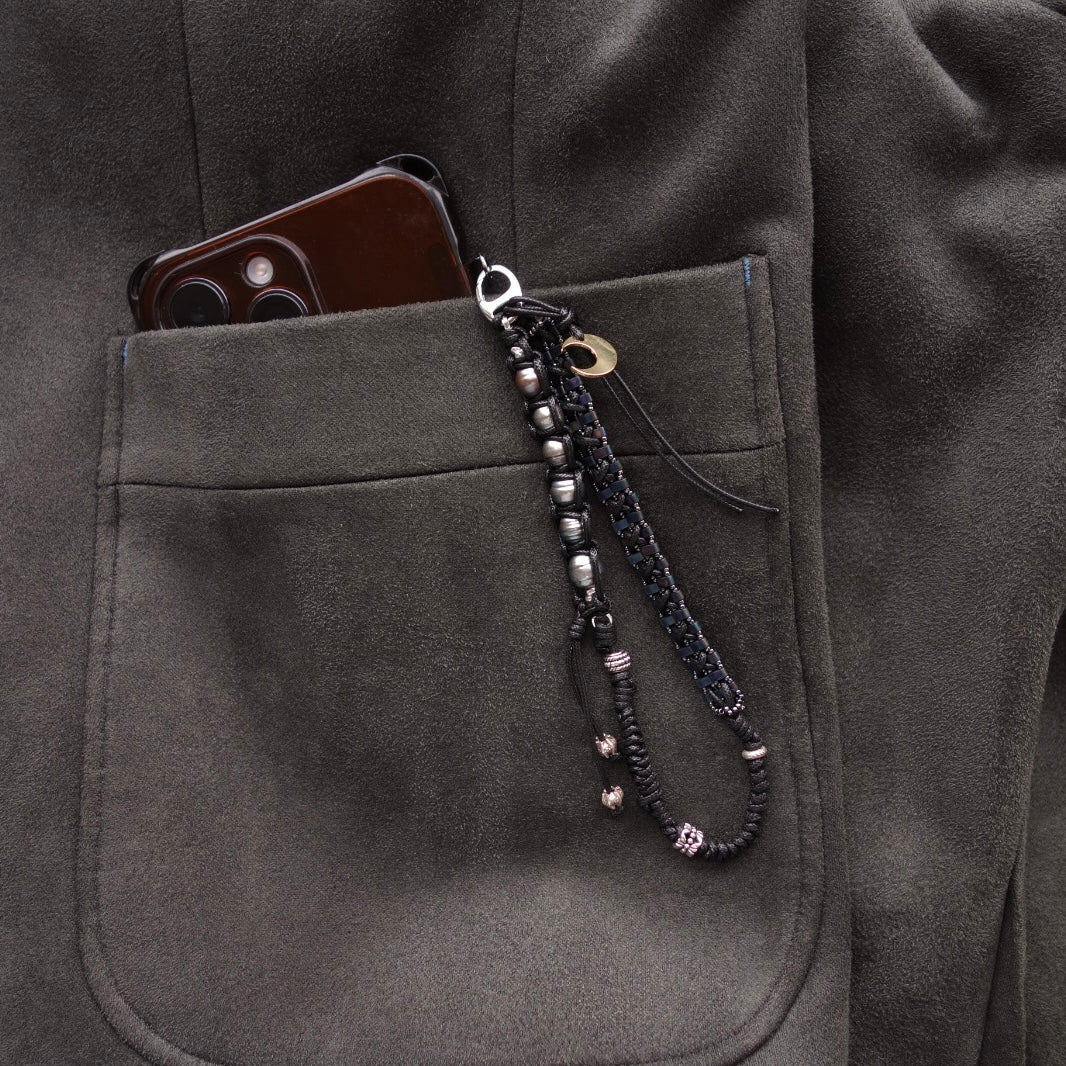 Black Woven Phone Strap with Tahitian Pearl - 5610 LUNATIC