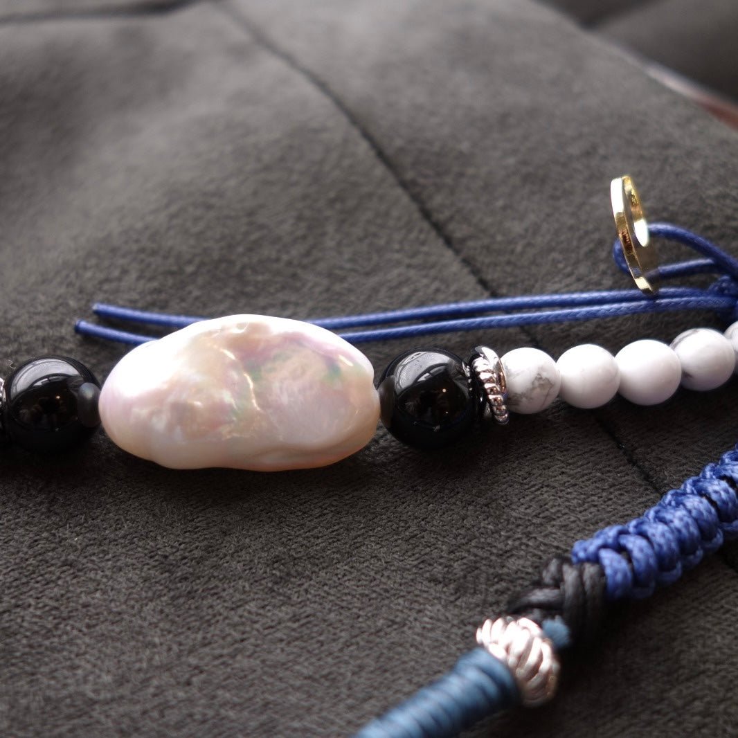 Blue Woven Phone Strap with Baroque Pearl & Obsidian - 5610 LUNATIC