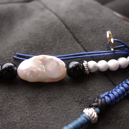 Blue Woven Phone Strap with Baroque Pearl & Obsidian - 5610 LUNATIC