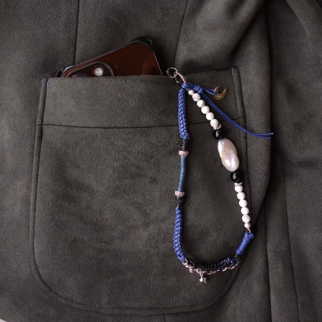 Blue Woven Phone Strap with Baroque Pearl & Obsidian - 5610 LUNATIC