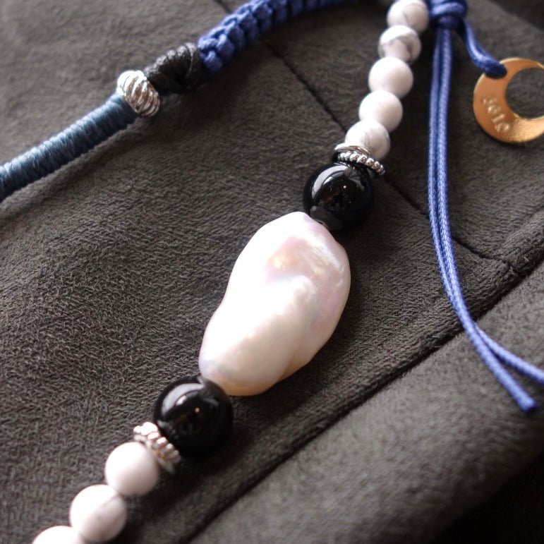 Blue Woven Phone Strap with Baroque Pearl & Obsidian - 5610 LUNATIC