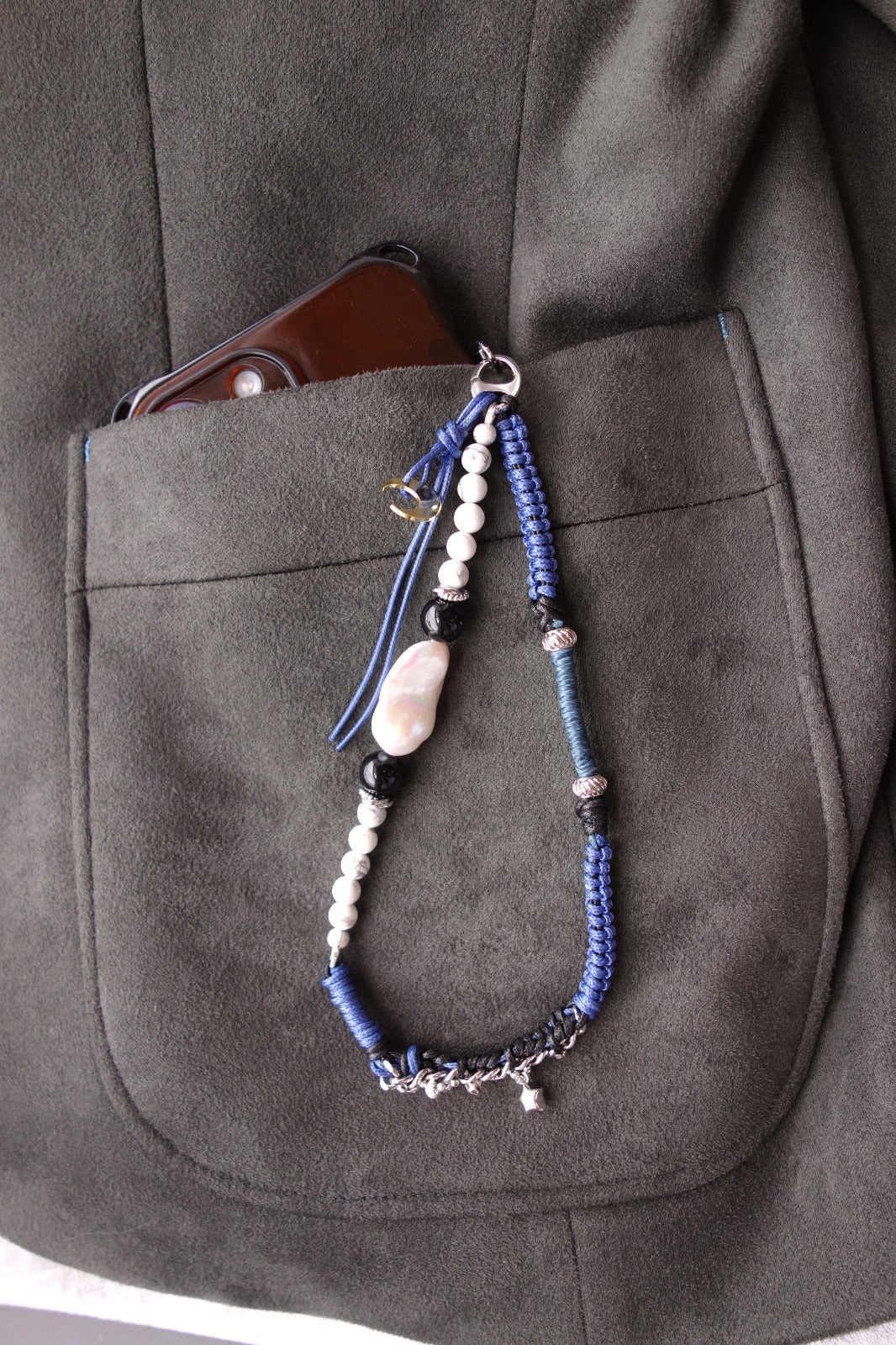 Blue Woven Phone Strap with Baroque Pearl & Obsidian - 5610 LUNATIC
