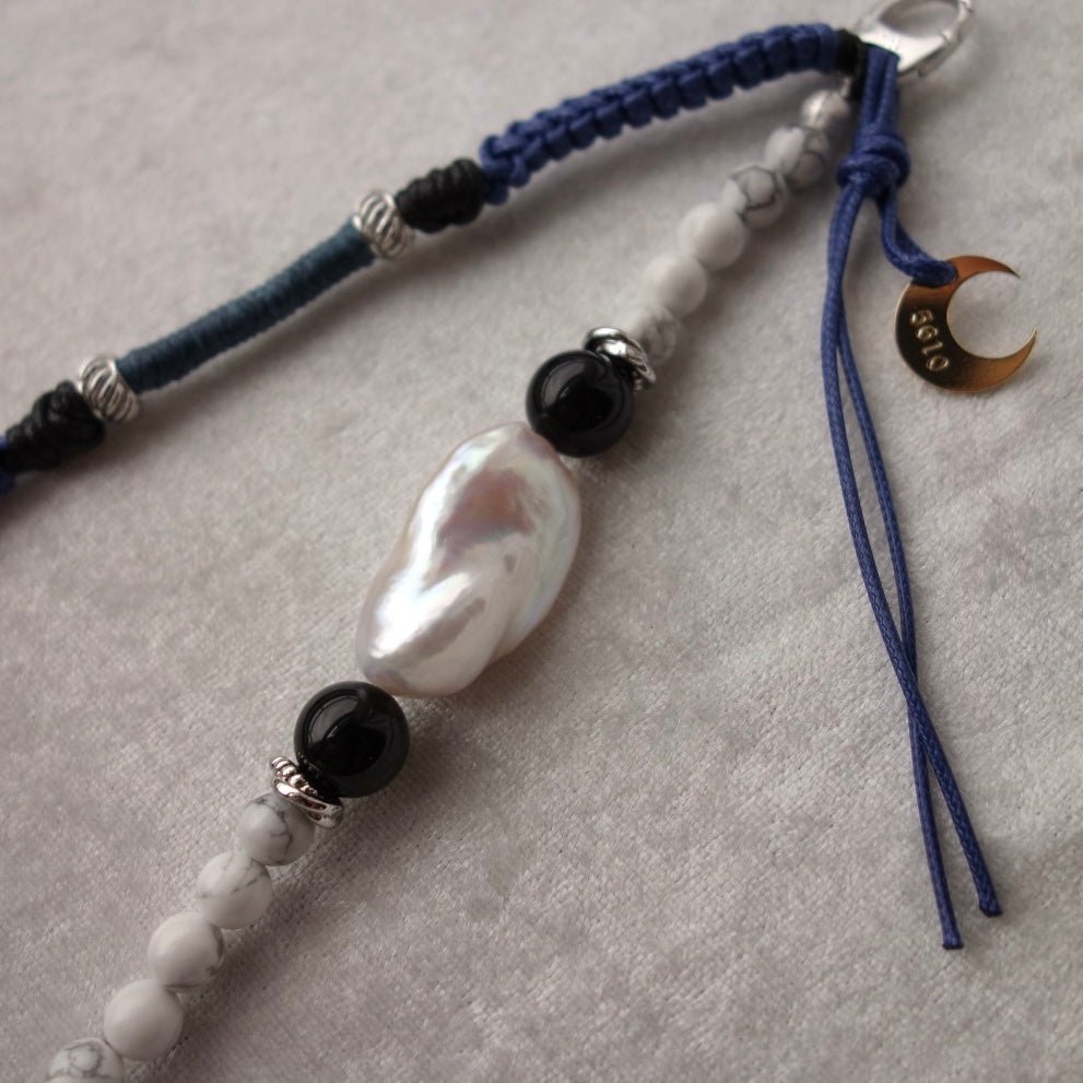 Blue Woven Phone Strap with Baroque Pearl & Obsidian - 5610 LUNATIC