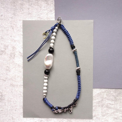 Blue Woven Phone Strap with Baroque Pearl & Obsidian - 5610 LUNATIC