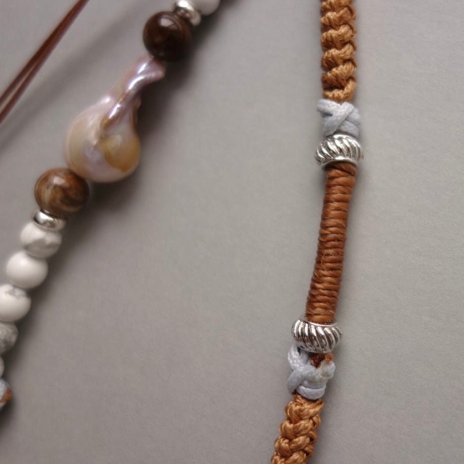 Brown Woven Phone Strap with Baroque Pearl & fossilized wood bead - 5610 LUNATIC