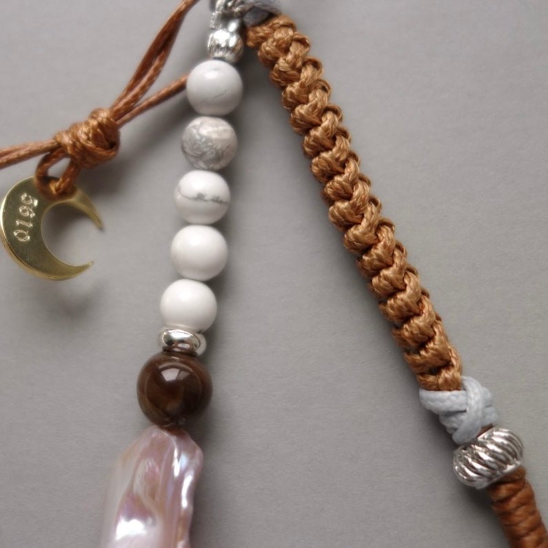 Brown Woven Phone Strap with Baroque Pearl & fossilized wood bead - 5610 LUNATIC