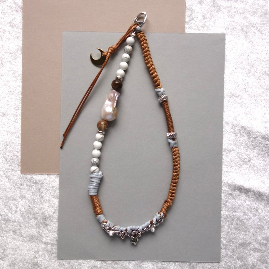 Brown Woven Phone Strap with Baroque Pearl & fossilized wood bead - 5610 LUNATIC