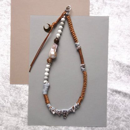 Brown Woven Phone Strap with Baroque Pearl & fossilized wood bead - 5610 LUNATIC