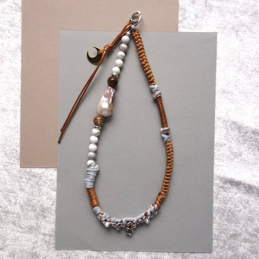 Brown Woven Phone Strap with Baroque Pearl & fossilized wood bead - 5610 LUNATIC