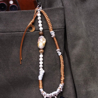 Brown Woven Phone Strap with Baroque Pearl & fossilized wood bead - 5610 LUNATIC