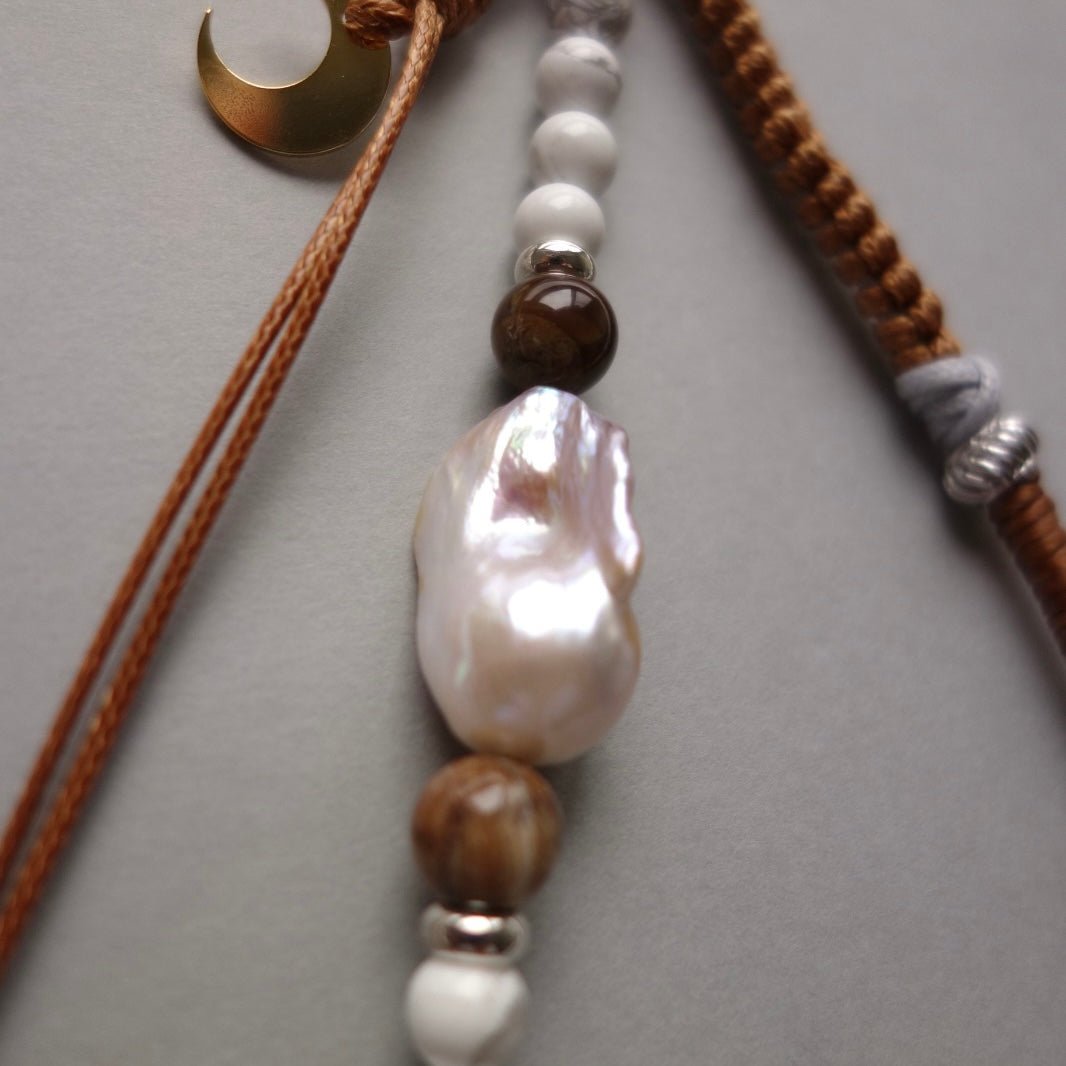 Brown Woven Phone Strap with Baroque Pearl & fossilized wood bead - 5610 LUNATIC