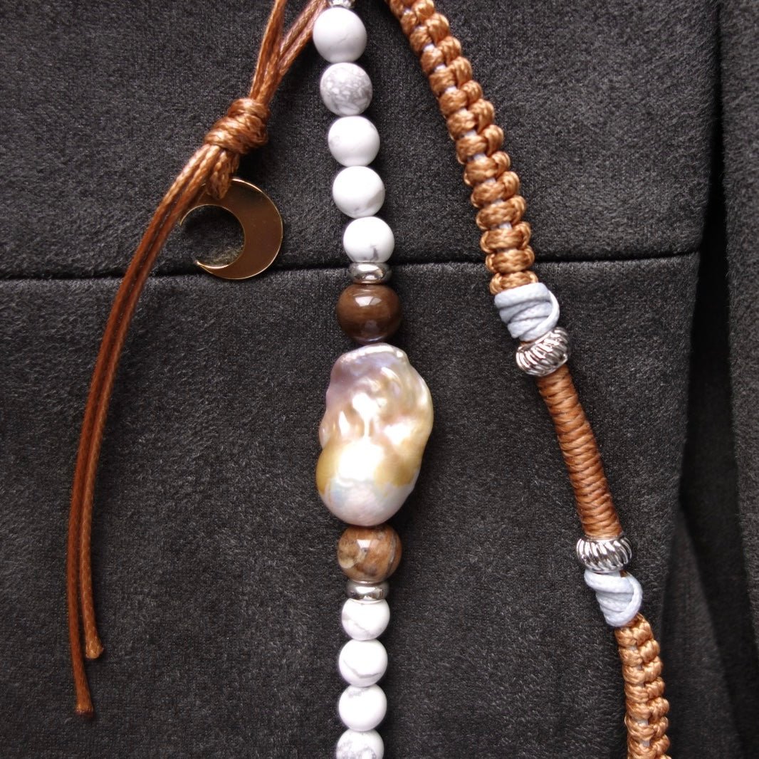Brown Woven Phone Strap with Baroque Pearl & fossilized wood bead - 5610 LUNATIC