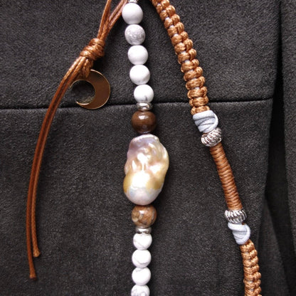 Brown Woven Phone Strap with Baroque Pearl & fossilized wood bead - 5610 LUNATIC