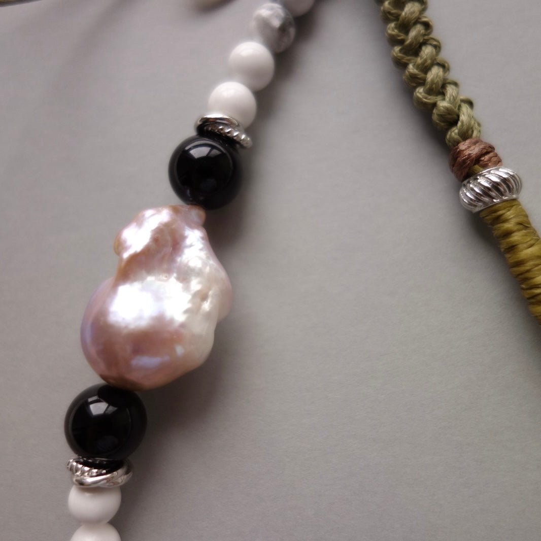 Green Woven Phone Strap with Baroque Pearl & Obsidian - 5610 LUNATIC