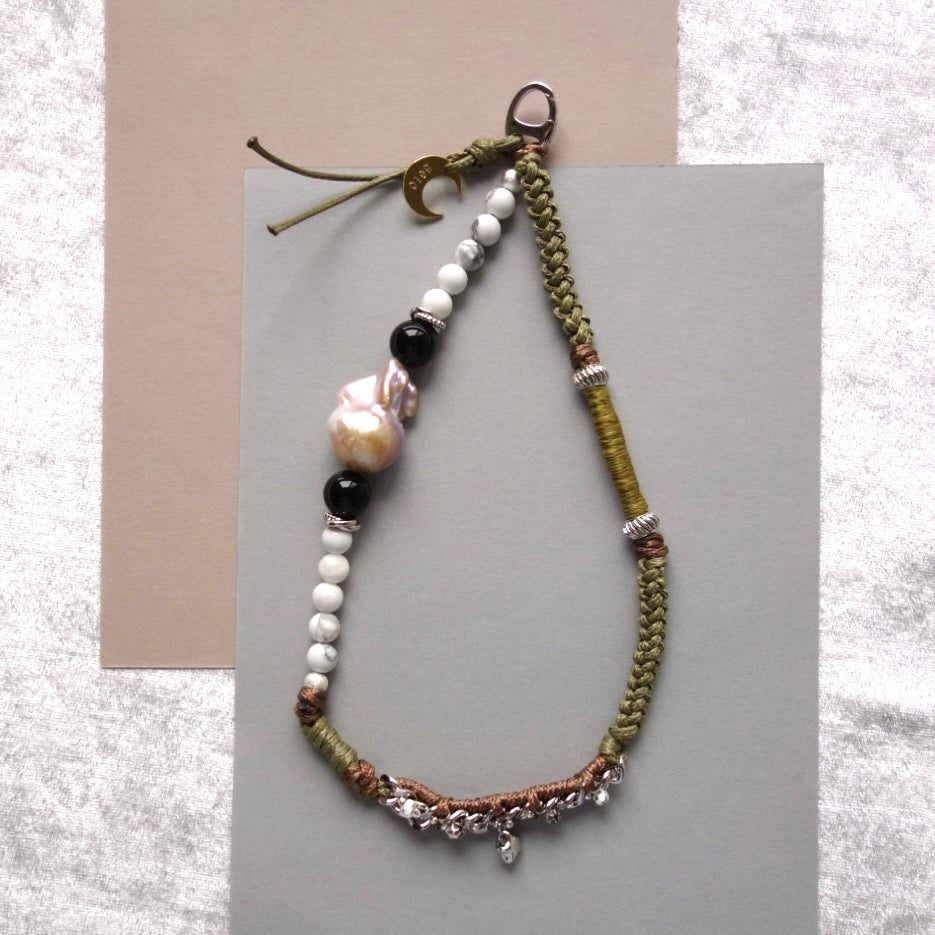 Green Woven Phone Strap with Baroque Pearl & Obsidian - 5610 LUNATIC
