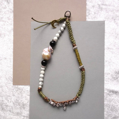 Green Woven Phone Strap with Baroque Pearl & Obsidian - 5610 LUNATIC