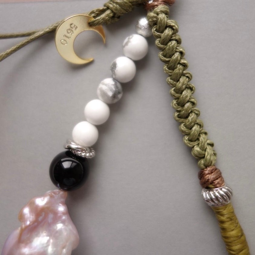 Green Woven Phone Strap with Baroque Pearl & Obsidian - 5610 LUNATIC