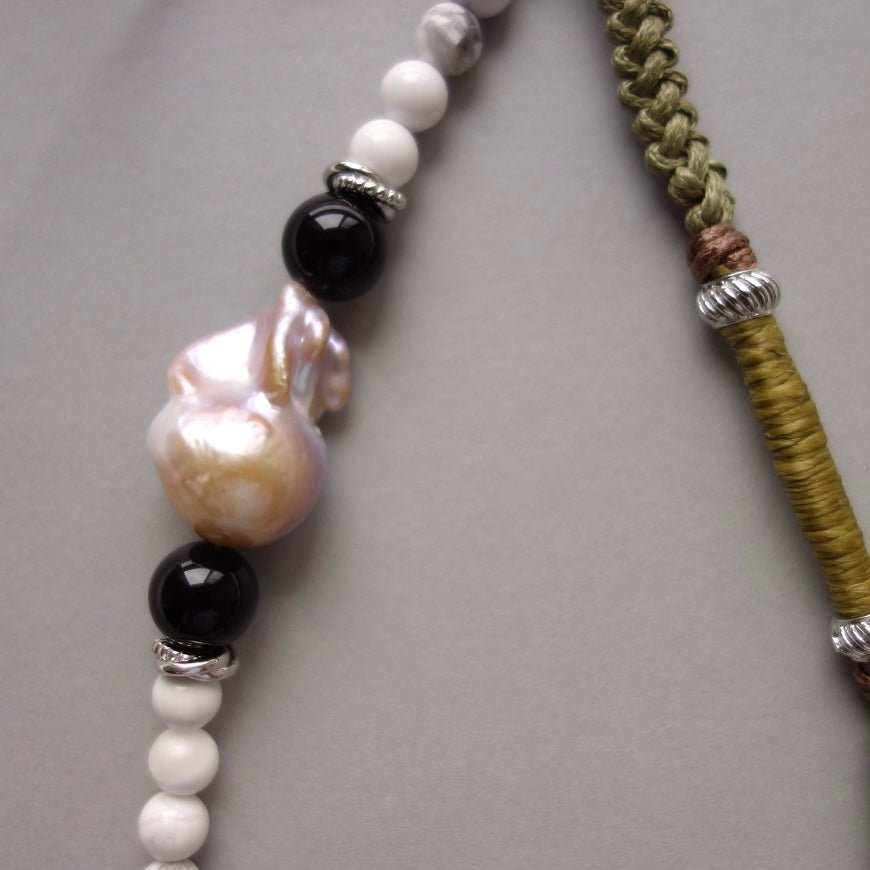 Green Woven Phone Strap with Baroque Pearl & Obsidian - 5610 LUNATIC