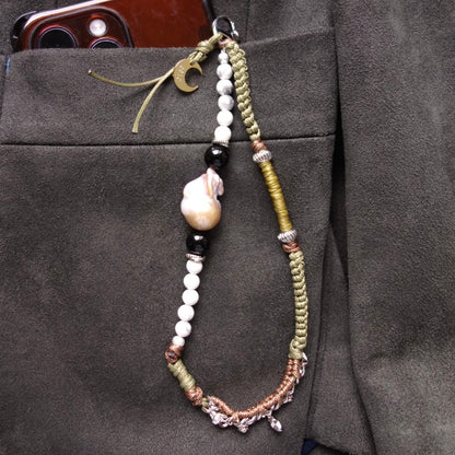 Green Woven Phone Strap with Baroque Pearl & Obsidian - 5610 LUNATIC