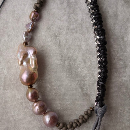 Matt Gray Phone Strap with Baroque Pearl & Natural Stone - 5610 LUNATIC