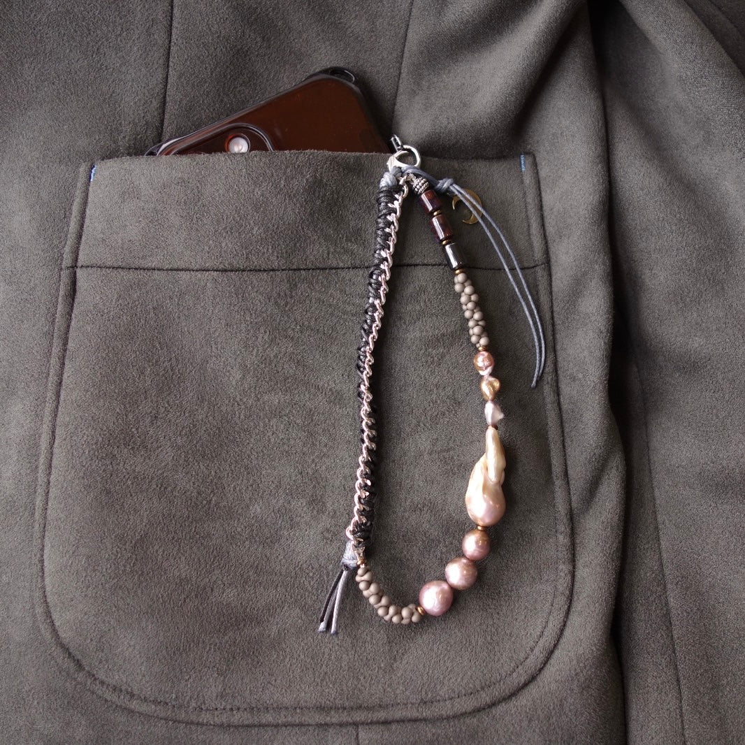Matt Gray Phone Strap with Baroque Pearl & Natural Stone - 5610 LUNATIC