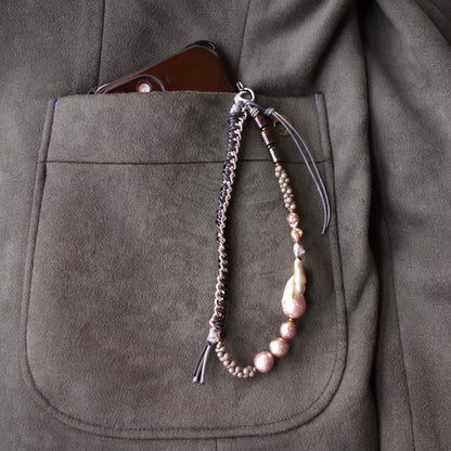 Matt Gray Phone Strap with Baroque Pearl & Natural Stone - 5610 LUNATIC