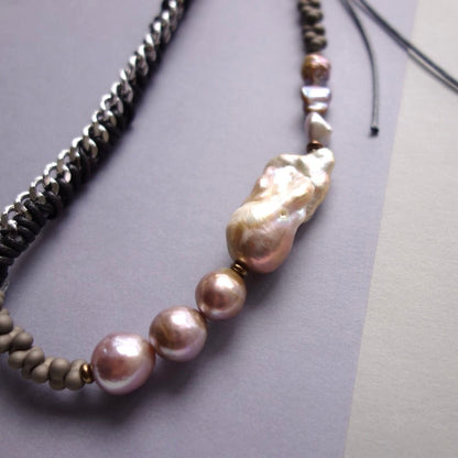 Matt Gray Phone Strap with Baroque Pearl & Natural Stone - 5610 LUNATIC