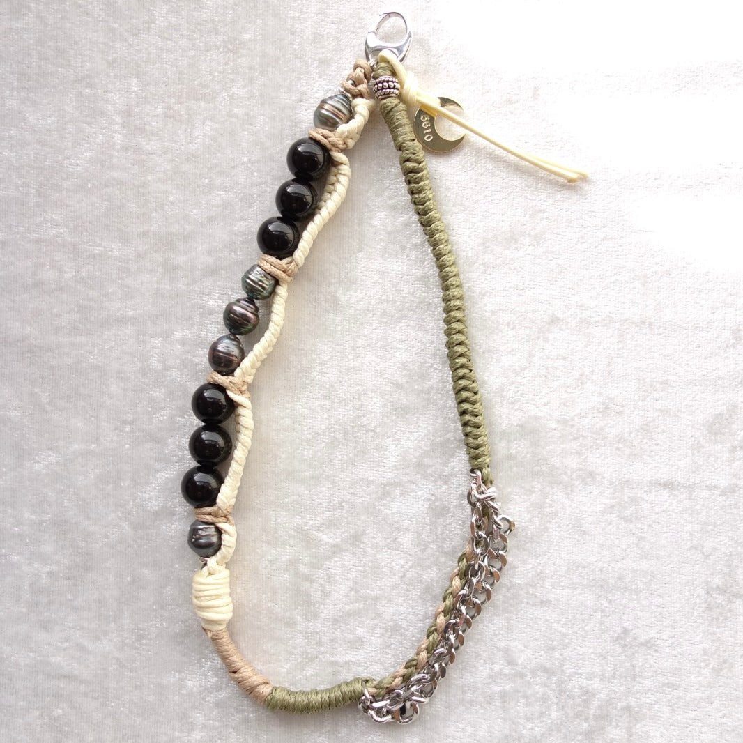 Olive White Phone Strap with Tahitian Pearl & Stones - 5610 LUNATIC